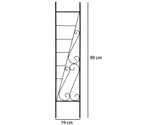 Kovová opora pro popínavé rostliny s dekorativními ornamenty, výška 90 centimetrů, šířka 19 centimetrů.