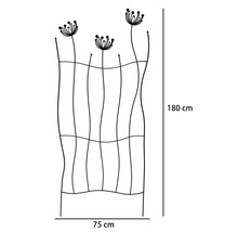 Kovová mříž na popínavé rostliny s motivy pampelišek, výška 180 centimetrů a šířka 75 centimetrů.
