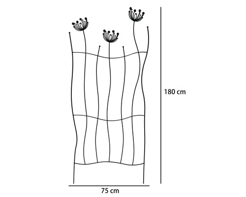 Kovová mříž na popínavé rostliny s motivy pampelišek, výška 180 centimetrů a šířka 75 centimetrů.
