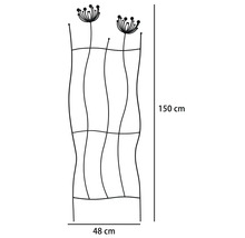 Černá kovová mříž na popínavé rostliny s motivem pampelišky, rozměry 150 centimetrů na výšku a 48 centimetrů na šířku.