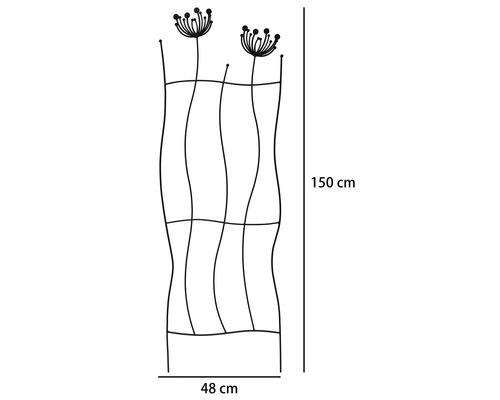 Černá kovová mříž na popínavé rostliny s motivem pampelišky, rozměry 150 centimetrů na výšku a 48 centimetrů na šířku.