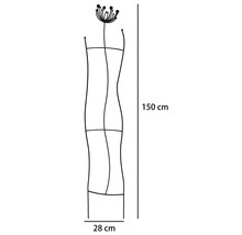 Černá kovová opora pro rostliny ve vlnitém tvaru s motivem květiny, výška 150 centimetrů, šířka 28 centimetrů.