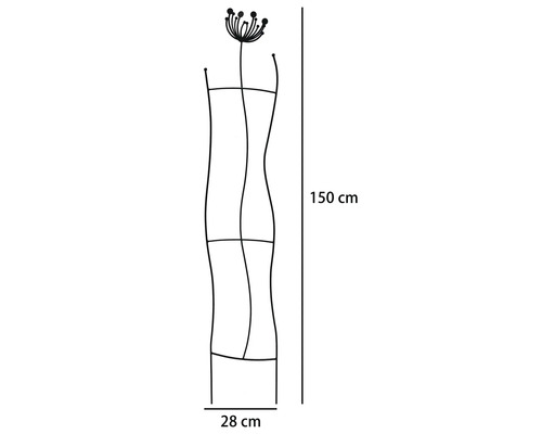 Černá kovová opora pro rostliny ve vlnitém tvaru s motivem květiny, výška 150 centimetrů, šířka 28 centimetrů.
