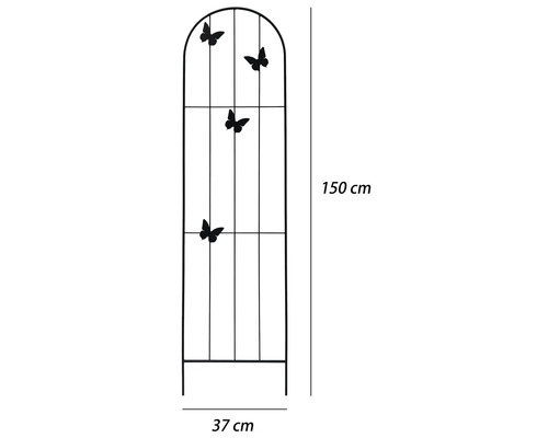 Mříž na popínavé rostliny z kovu s motivem motýlů, výška 150 centimetrů a šířka 37 centimetrů.