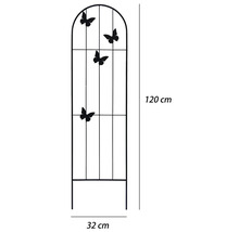 Kovová mříž pro popínavé rostliny s dekorem motýlů, oblouková, výška 120 centimetrů, šířka 32 centimetrů.