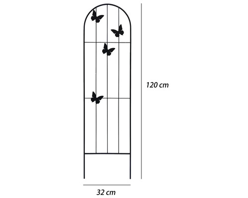 Kovová mříž pro popínavé rostliny s dekorem motýlů, oblouková, výška 120 centimetrů, šířka 32 centimetrů.