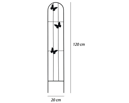 Kovová opěra pro popínavé rostliny s motýly, výška 120 centimetrů, šířka 20 centimetrů.