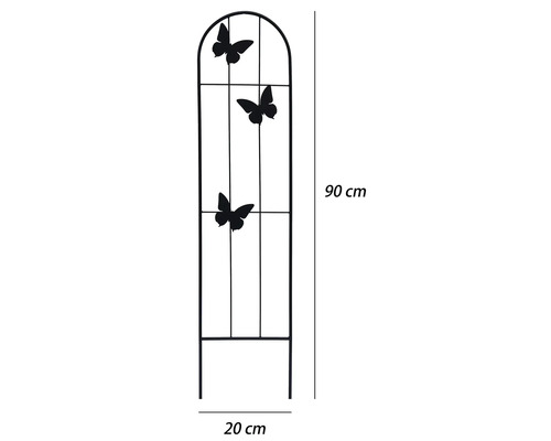 Kovová opora pro popínavé rostliny s dekorem motýlů, oblouková, výška 90 centimetrů, šířka 20 centimetrů.