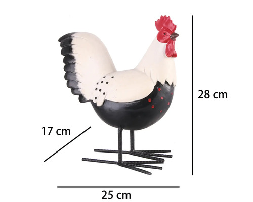 Dekorativní kovová figurka kohouta, bílo-černá s červeným hřebínkem, výška 28 centimetrů, šířka 25 centimetrů, hloubka 17 centimetrů.