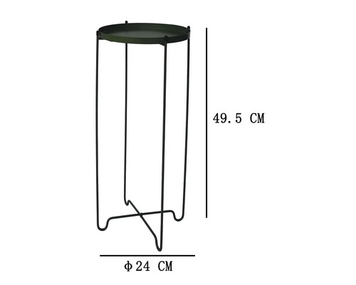 Kulatý kovový stojan na květiny se čtyřmi nohami o průměru 24 centimetrů a výšce 49,5 centimetrů.