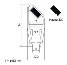 Technický výkres magnetického těsnění o rozměrech 24 krát 10,3 milimetru a délce 1882 milimetrů pro sprchové dveře.