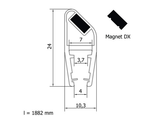 Technický výkres magnetického těsnění o rozměrech 24 krát 10,3 milimetru a délce 1882 milimetrů pro sprchové dveře.