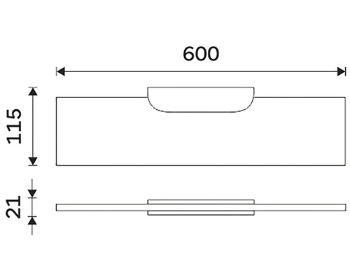 Technický výkres vodováhy s rozměry 600 krát 115 krát 21 milimetrů.
