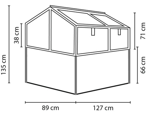 Linkový výkres skleníku pro vyvýšené záhony s podrobnými rozměry v centimetrech.