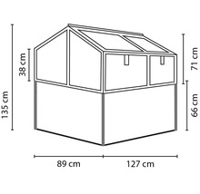 Linkový výkres skleníku pro vyvýšené záhony s podrobnými rozměry v centimetrech.