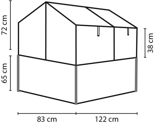 Nákres pařeniště s kótami výšky 72 centimetrů a 65 centimetrů a šířky 83 centimetrů a 122 centimetrů