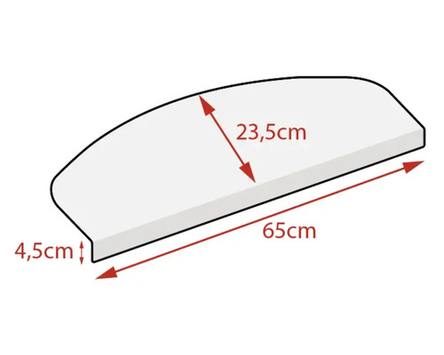 Půlkruhová nášlapná rohož na schody s rozměry 65 cm krát 23,5 cm krát 4,5 cm