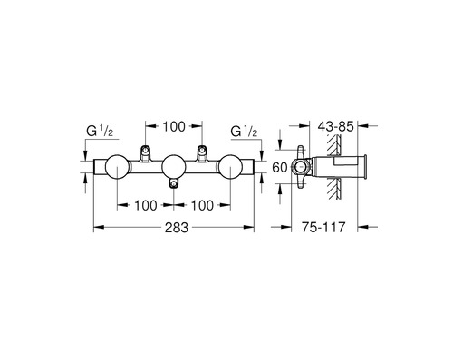 Technický nákres sprchové armatury s rozměry