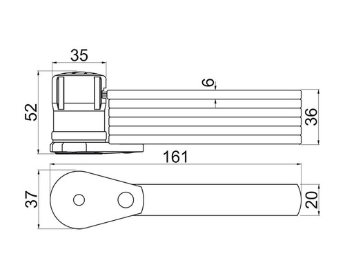 Technický nákres okenní kliky s rozměry