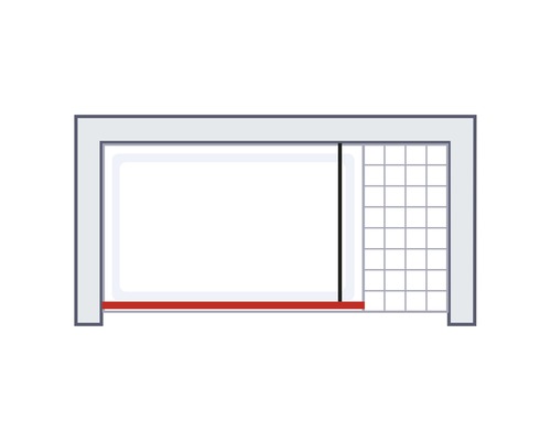 Schéma zapuštěného sprchového systému s posuvnými dveřmi a pevnou boční stěnou