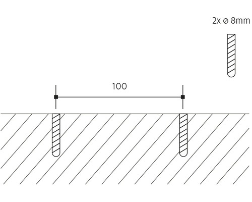 Technický výkres s rozměry pro vrtání: 2 otvory o průměru 8 mm a vzdálenosti 100 mm.