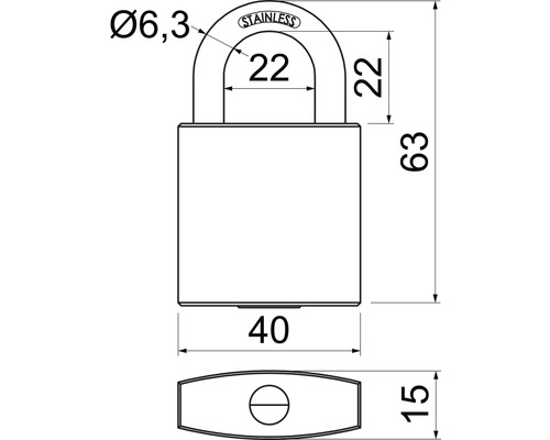 Technický nákres visacího zámku s rozměry
