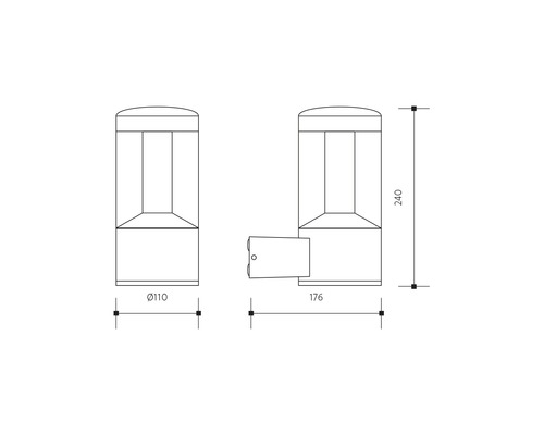 Technický výkres sloupkového svítidla s rozměry průměru 110 mm, délky 176 mm a výšky 240 mm.
