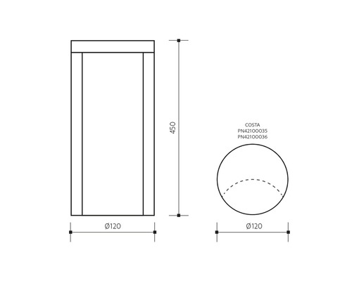 Technický nákres umyvadla o rozměrech 450 krát 120 krát 120 milimetrů.