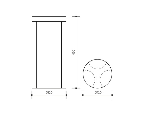 Technický nákres koupelnového nábytku o rozměrech 450 mm výška a 120 mm průměr