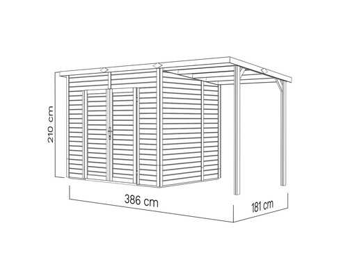 Nákres zahradního domku s přístřeškem a rozměry