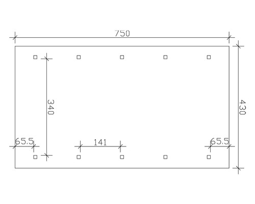 Technický výkres s rozměry obdélníkového objektu, 750 x 430 mm