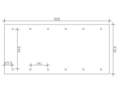 Technický nákres desky o rozměrech 900 x 430 mm a vrtanými otvory