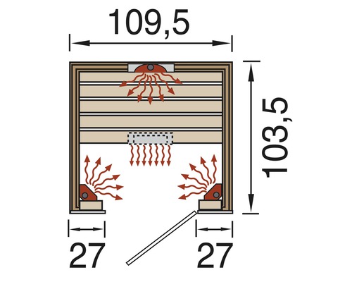 Technický nákres sauny s rozměry.