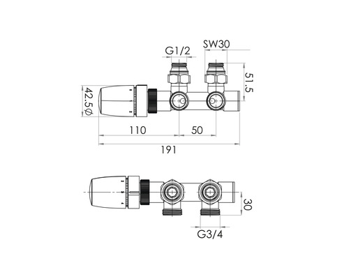 Technický výkres připojovacího bloku radiátoru s rozměry