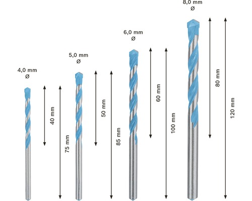 Sada vrtáků do kamene různých velikostí