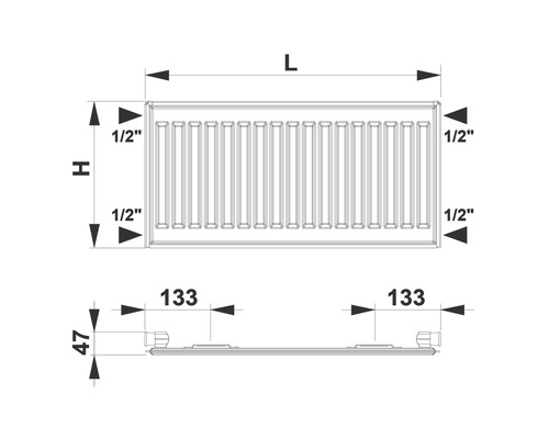 Technický nákres radiátoru s rozměry