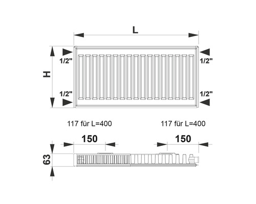 Rozměry radiátoru s připojovacími rozměry