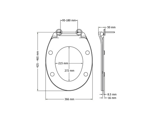 Technický nákres WC sedátka s rozměry