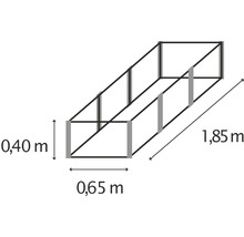 Ilustrace vyvýšeného záhonu o rozměrech 0,40 metru na výšku, 0,65 metru na šířku a 1,85 metru na délku