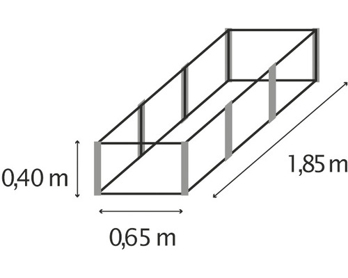 Ilustrace vyvýšeného záhonu o rozměrech 0,40 metru na výšku, 0,65 metru na šířku a 1,85 metru na délku