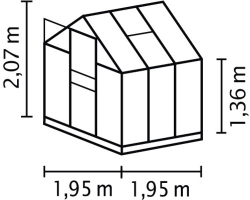 Technický nákres skleníku o rozměrech 1,95 metru krát 1,95 metru půdorysné plochy, 1,36 metru boční výšky a 2,07 metru celkové výšky.