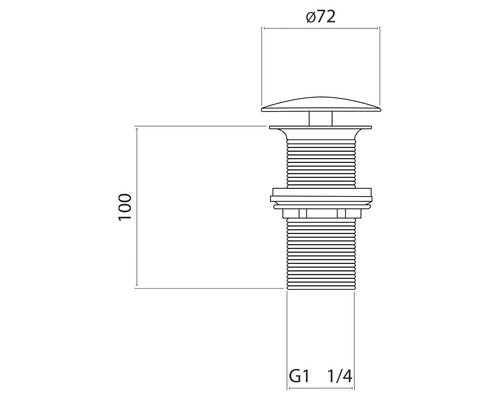 Technický výkres umyvadlové zátky o rozměrech 72 mm v průměru a 100 mm na výšku a závitem G1 1/4 palce