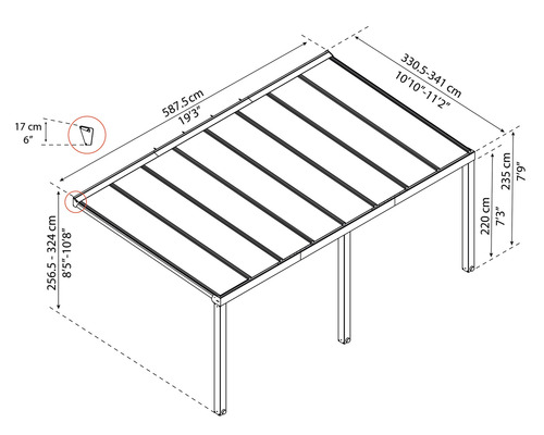 Technický nákres zahradního altánu s rozměry