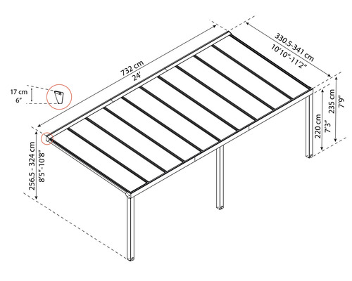 Nákres zastřešení terasy s rozměry