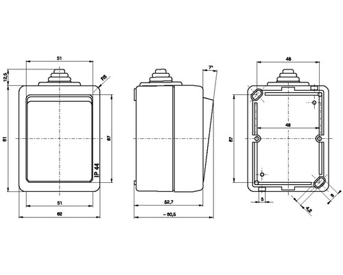 Technický výkres povrchového spínače s rozměry