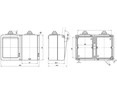 Technický výkres dvojitého povrchového spínače s rozměry