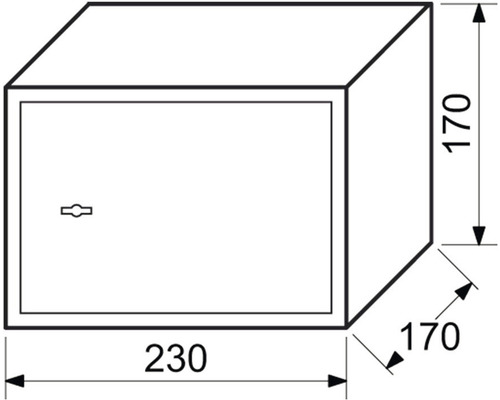 Ilustrace trezoru o rozměrech 230 x 170 x 170 mm