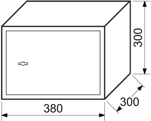 Ilustrace trezoru o rozměrech 380 x 300 x 300 milimetrů.