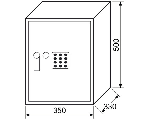 Ilustrace trezoru o rozměrech 500 x 350 x 330 mm
