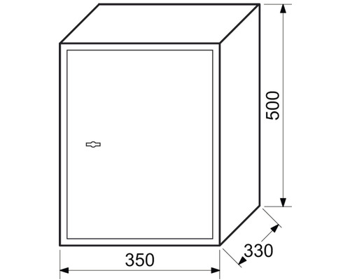 Technický výkres trezoru o rozměrech 500 x 350 x 330 milimetrů